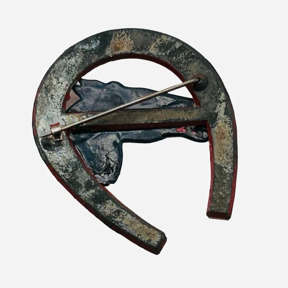 Antique 1930’s Metal Horse Head and Horseshoe Brooch Hand Painted